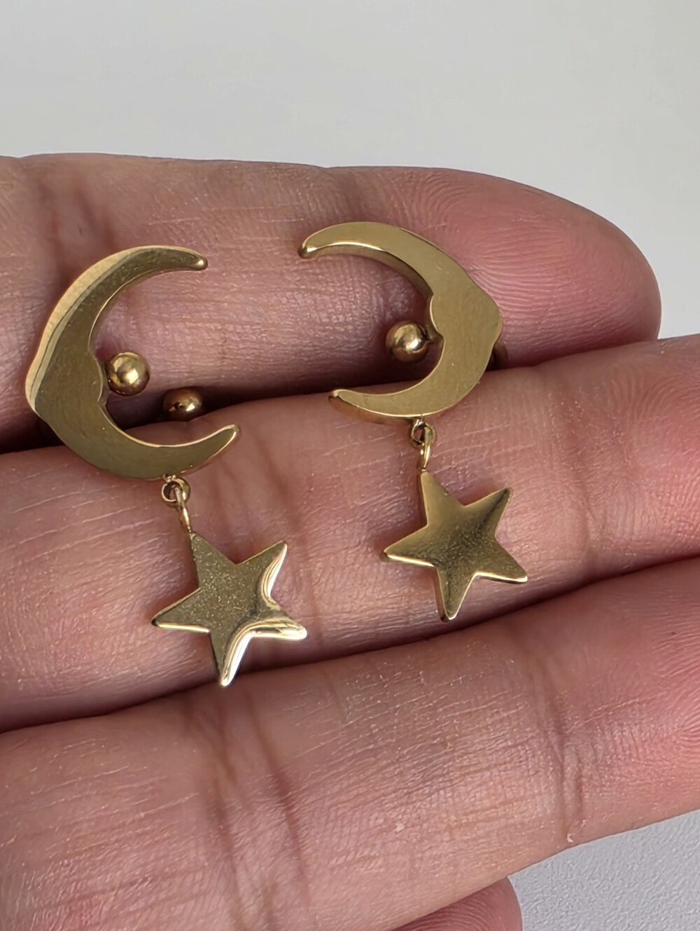 Stainless Steel Crescent Moon Star Dangle Earrings Gold Tone Celestial